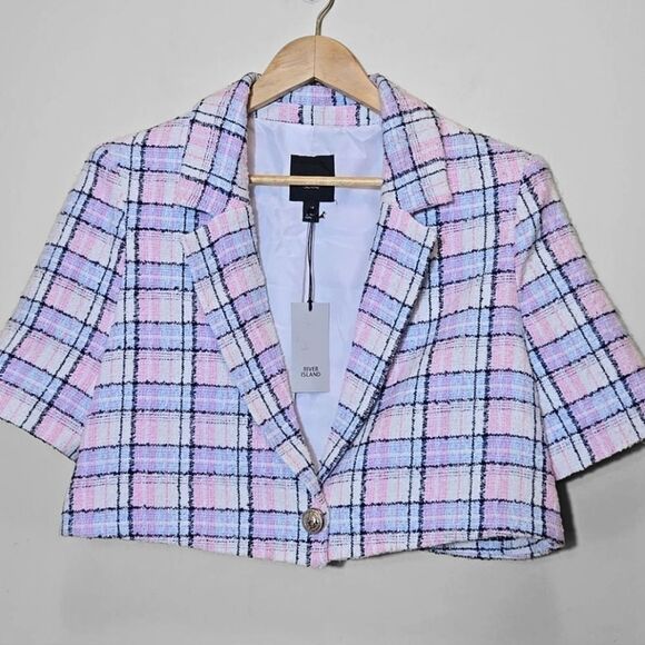 River Island Tweed Cropped Blazer jacket Size 10 Clueless Light Academia Preppy - Picture 1 of 14